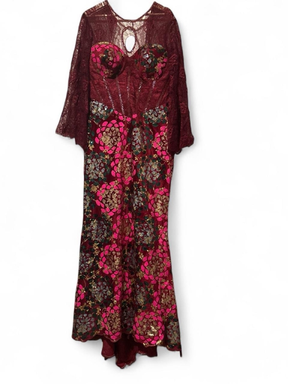 Elegant Burgundy and Fuchsia Lace Evening Gown XL